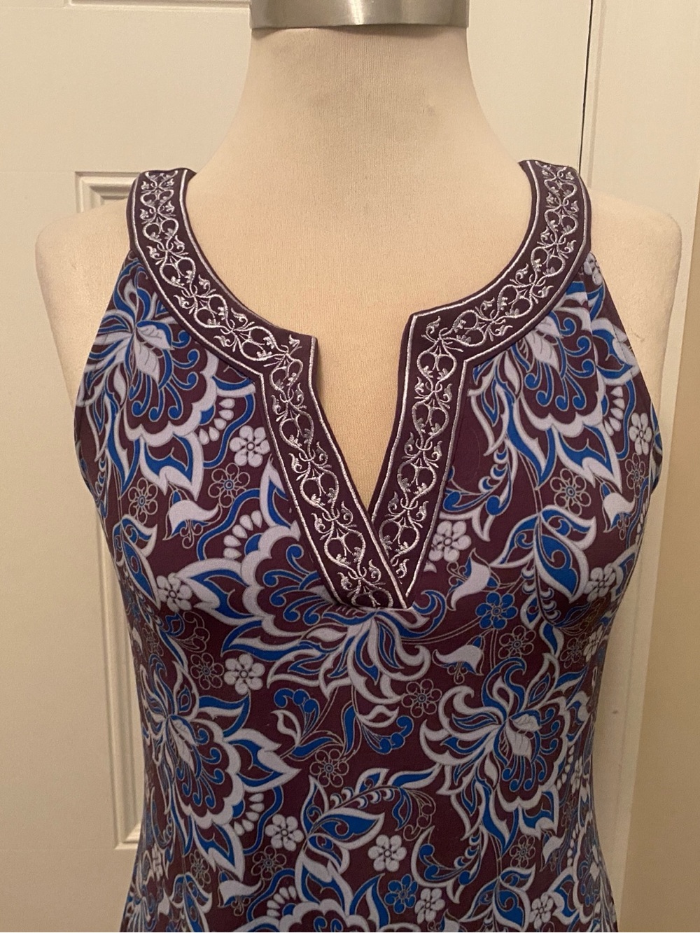 Blue Floral Dress with Split Neckline
